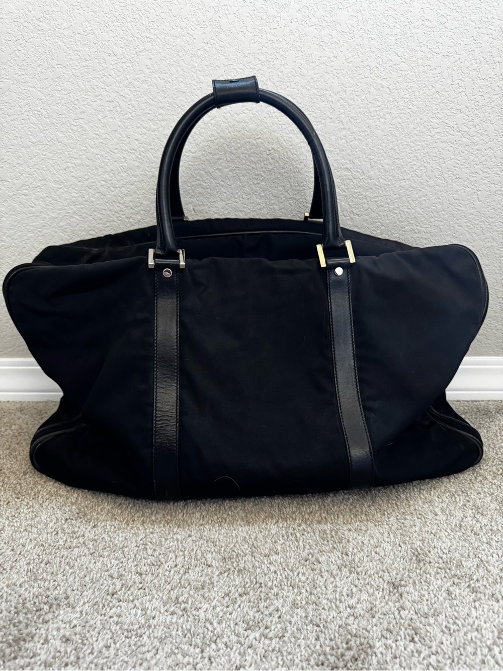 Vintage Gucci Black Nylon Leather Large Travel Duffle Weekender Bag
